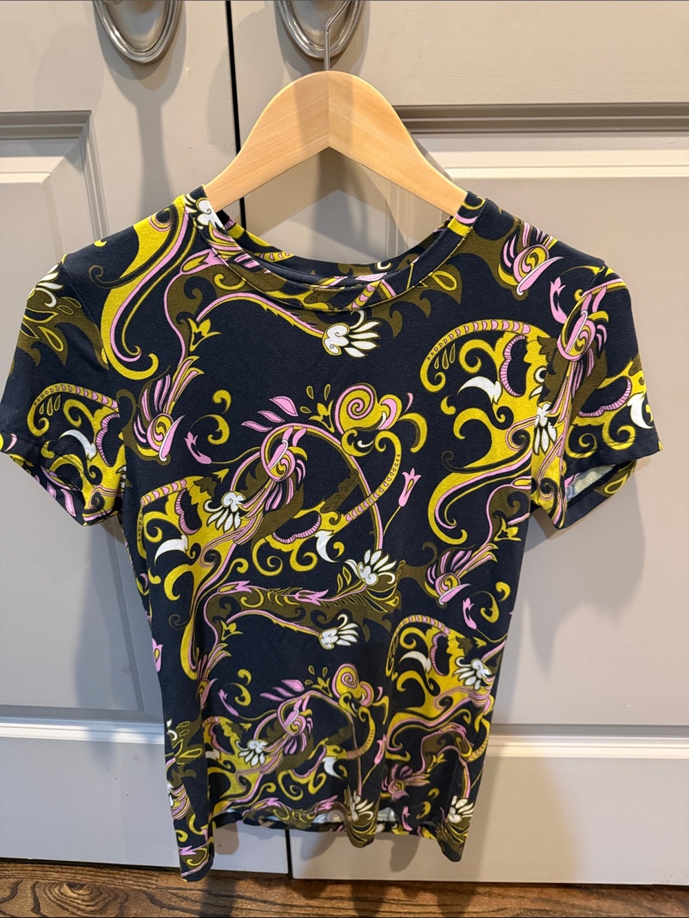 L'AGENCE Black Short Sleeve Paisley Top with Pink & Yellow Accents